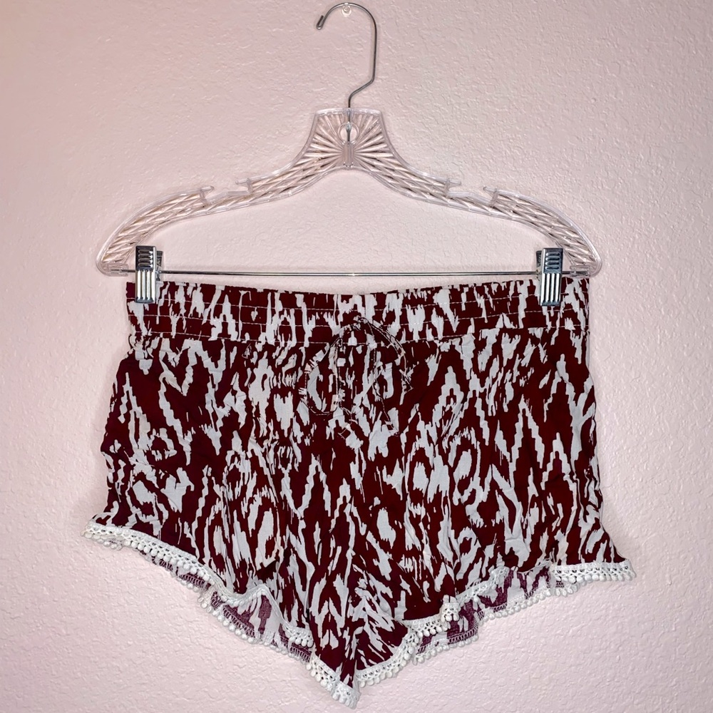XL Stretchy Beach Shorts / Workout Shorts Lace Trim with Red & White Pattern